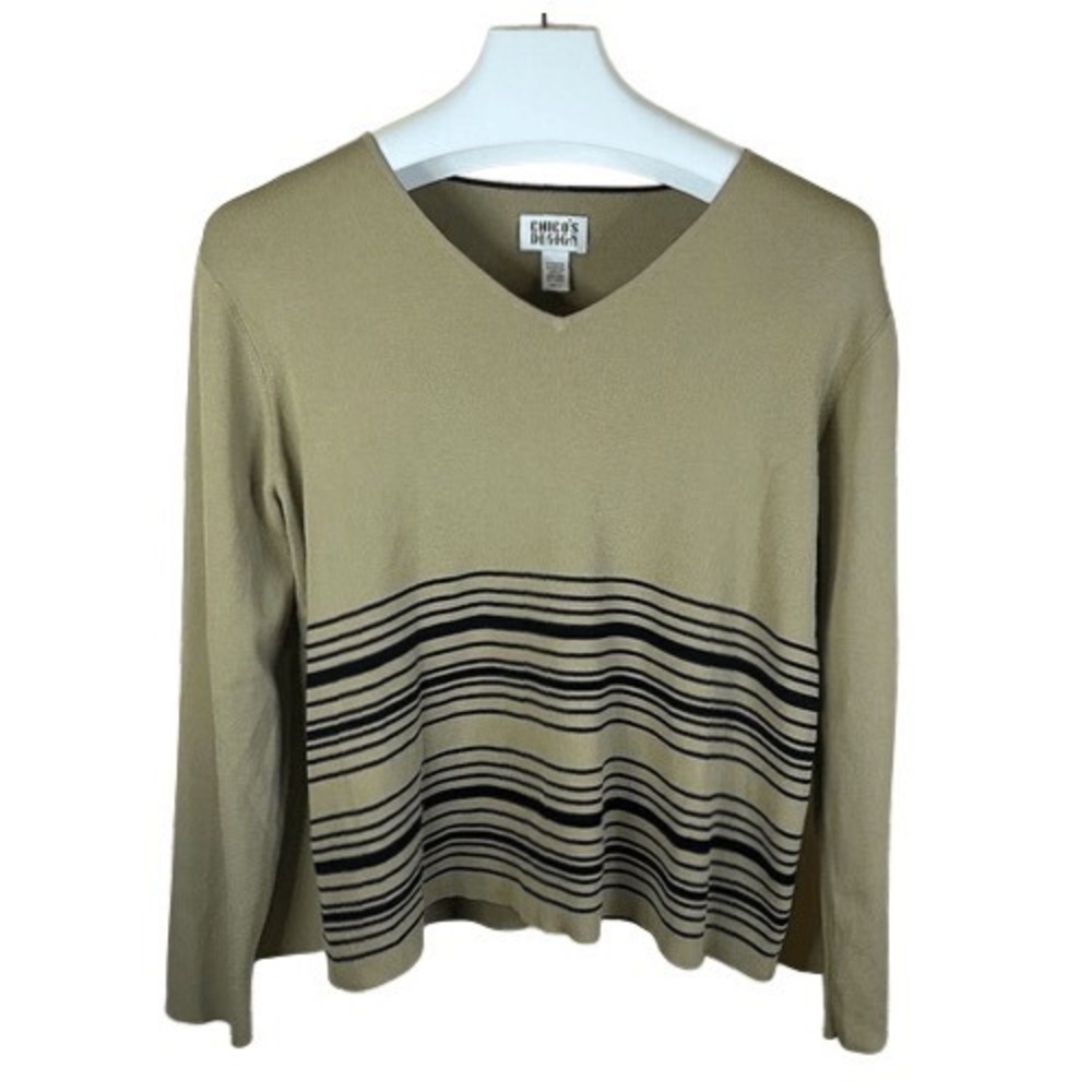 Chico's Design Women's Size Large (16-18) Striped V-Neck Pullover Sweater Preppy